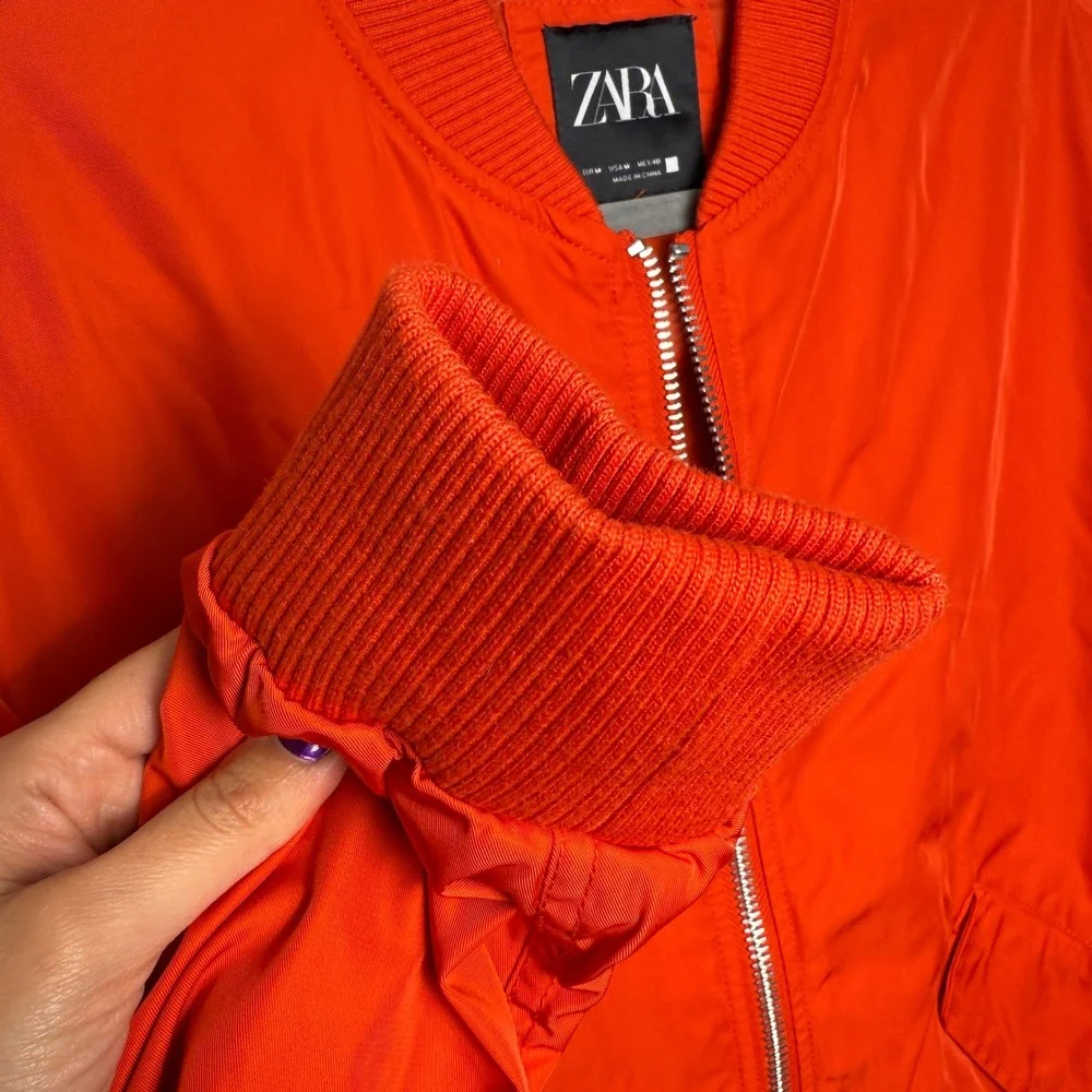 Zara Mens Red Ruched Sleeve Bomber Jacket‎ Full Zip Utility Flight Coat Size M